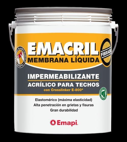 Cubo blanco de membrana líquida impermeabilizante para cubiertas “EMACRIL”, con etiquetas amarillas y grises.