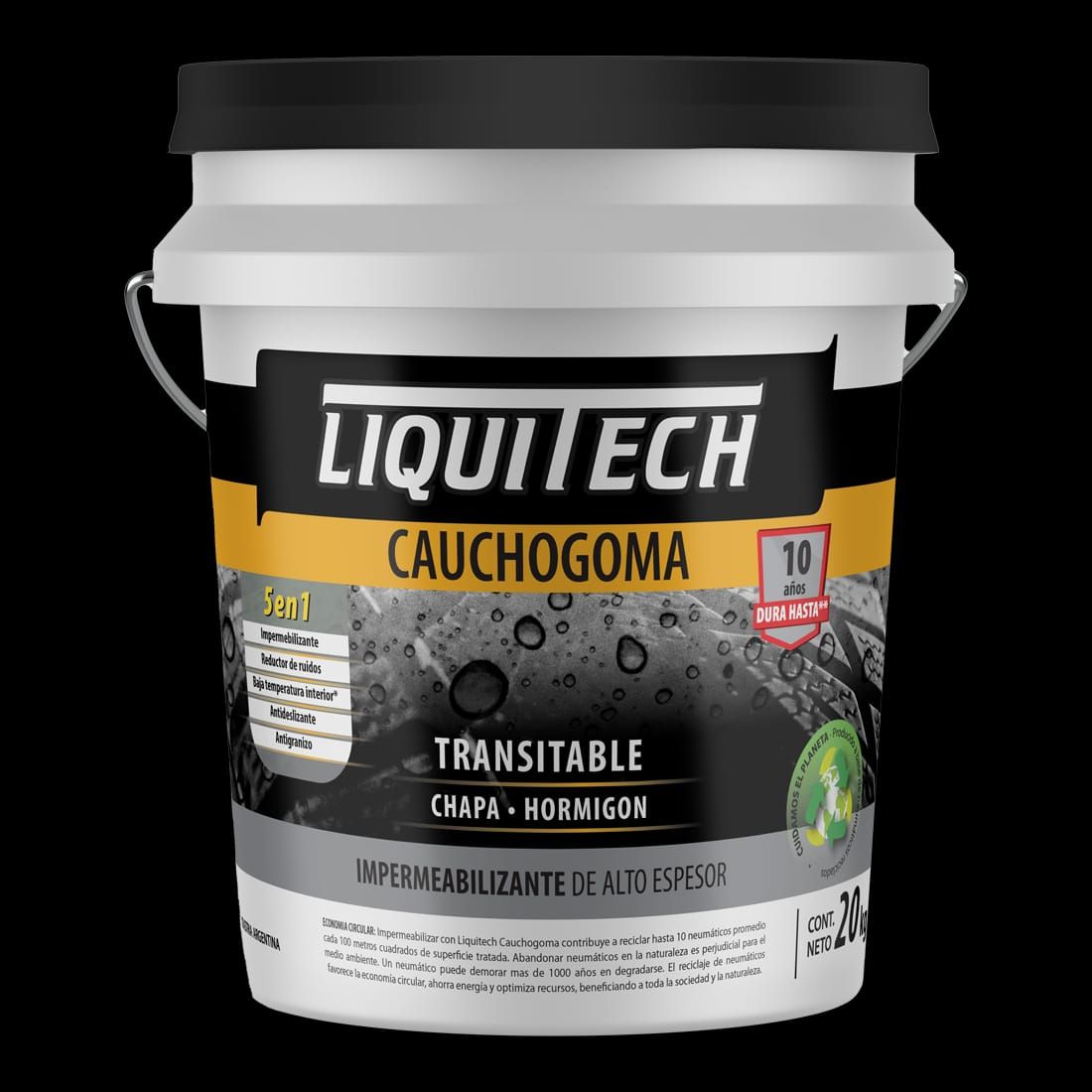 Cubo blanco de Liquitech Cauchogoma, un producto impermeabilizante. Etiqueta negra, amarilla y blanca.