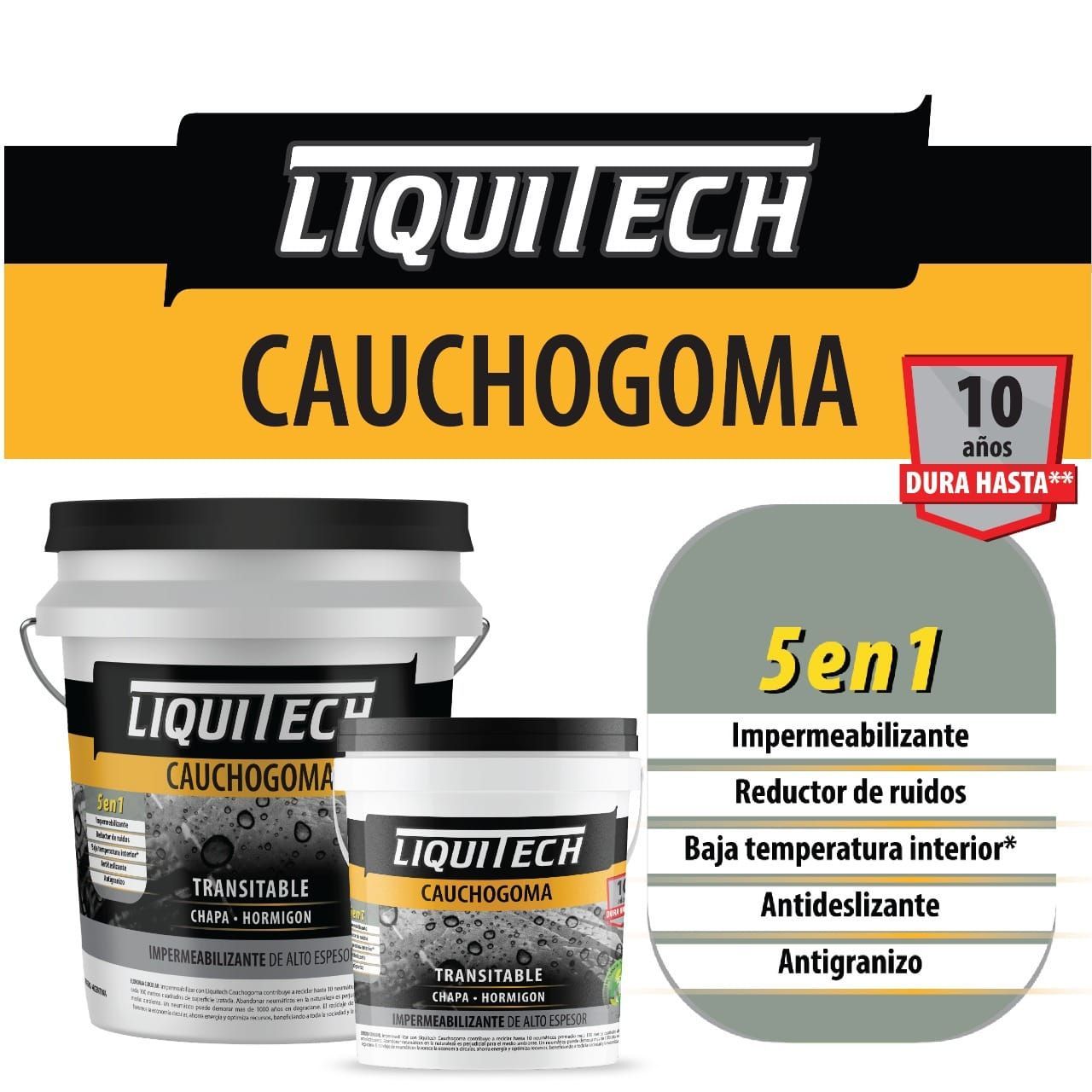 Cubo blanco de Liquitech Cauchogoma, un producto impermeabilizante. Etiqueta negra, amarilla y blanca.