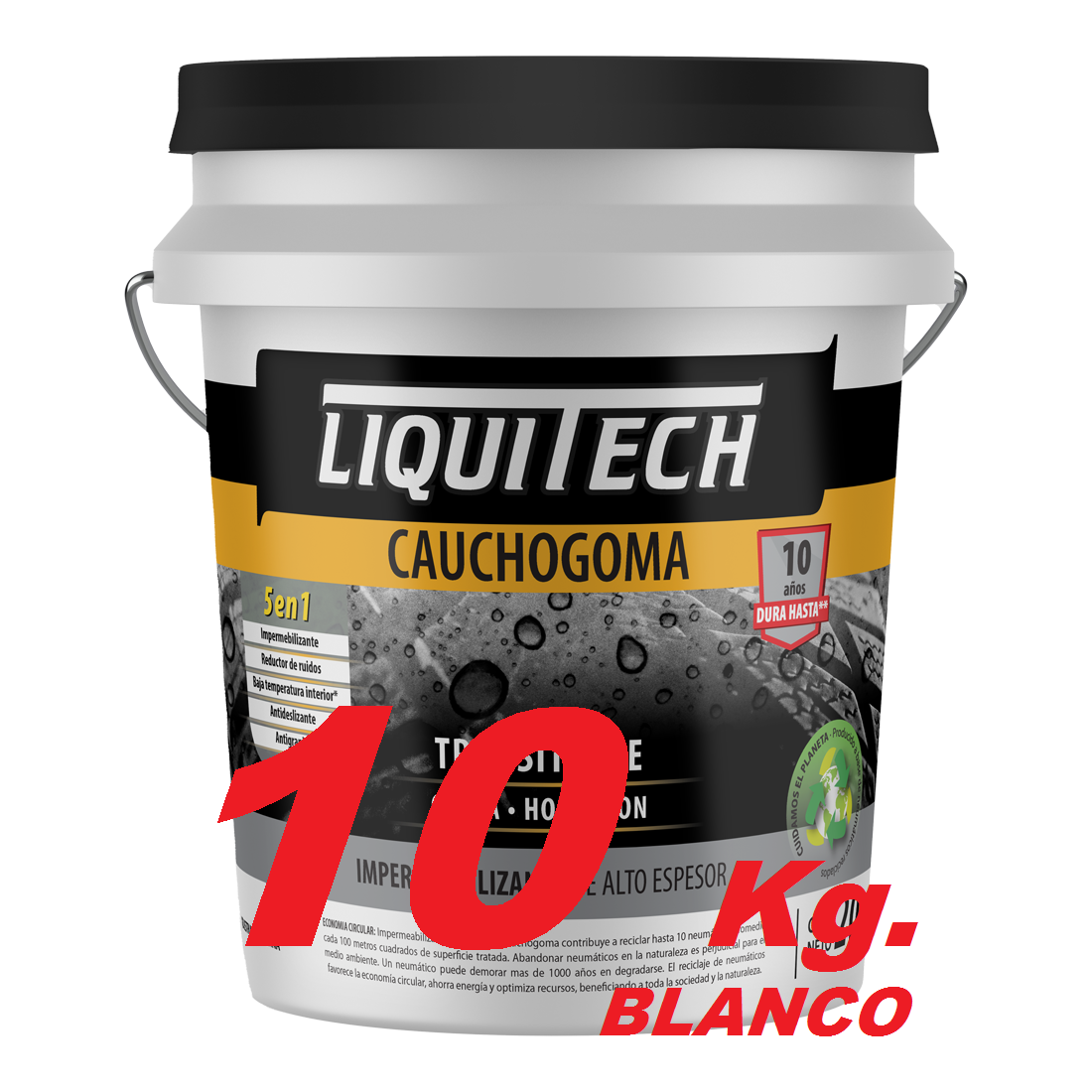 Balde de compuesto impermeabilizante Liquitech Cauchogoma para techos, con texto y una imagen de gota de lluvia.