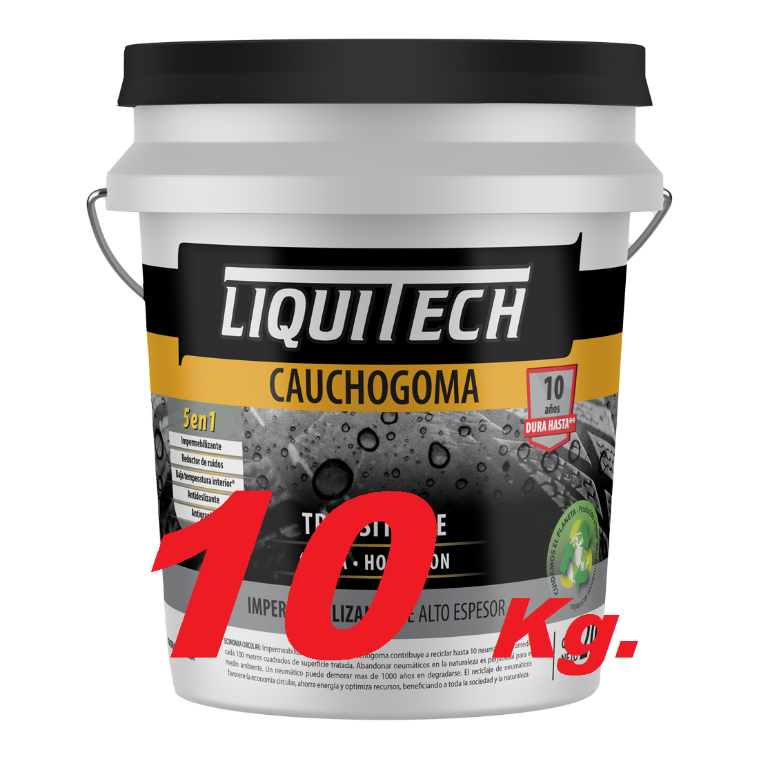 Balde de compuesto impermeabilizante Liquitech Cauchogoma para techos, con texto y una imagen de gota de lluvia.
