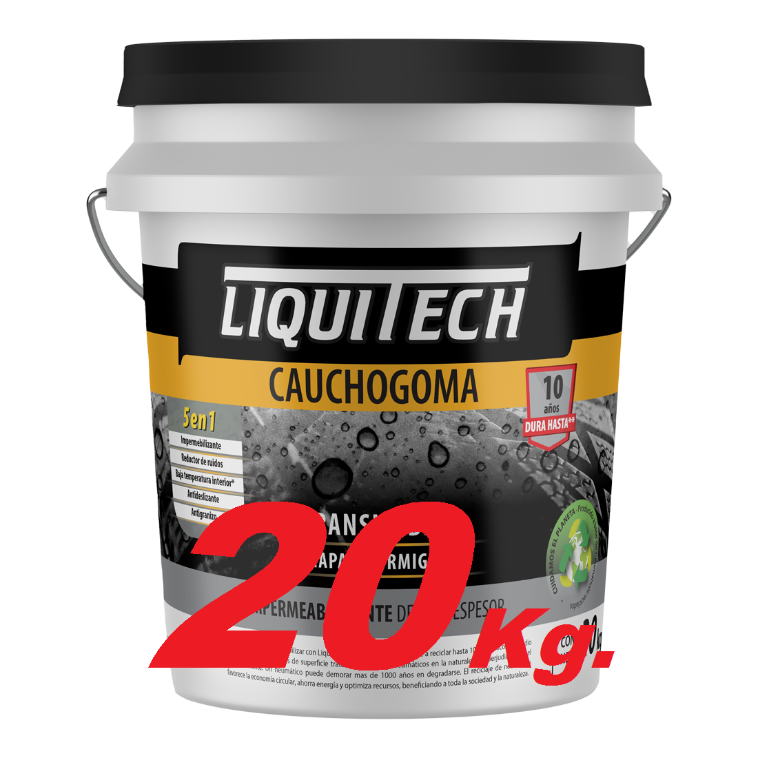 Balde de compuesto impermeabilizante Liquitech Cauchogoma para techos, con texto y una imagen de gota de lluvia.