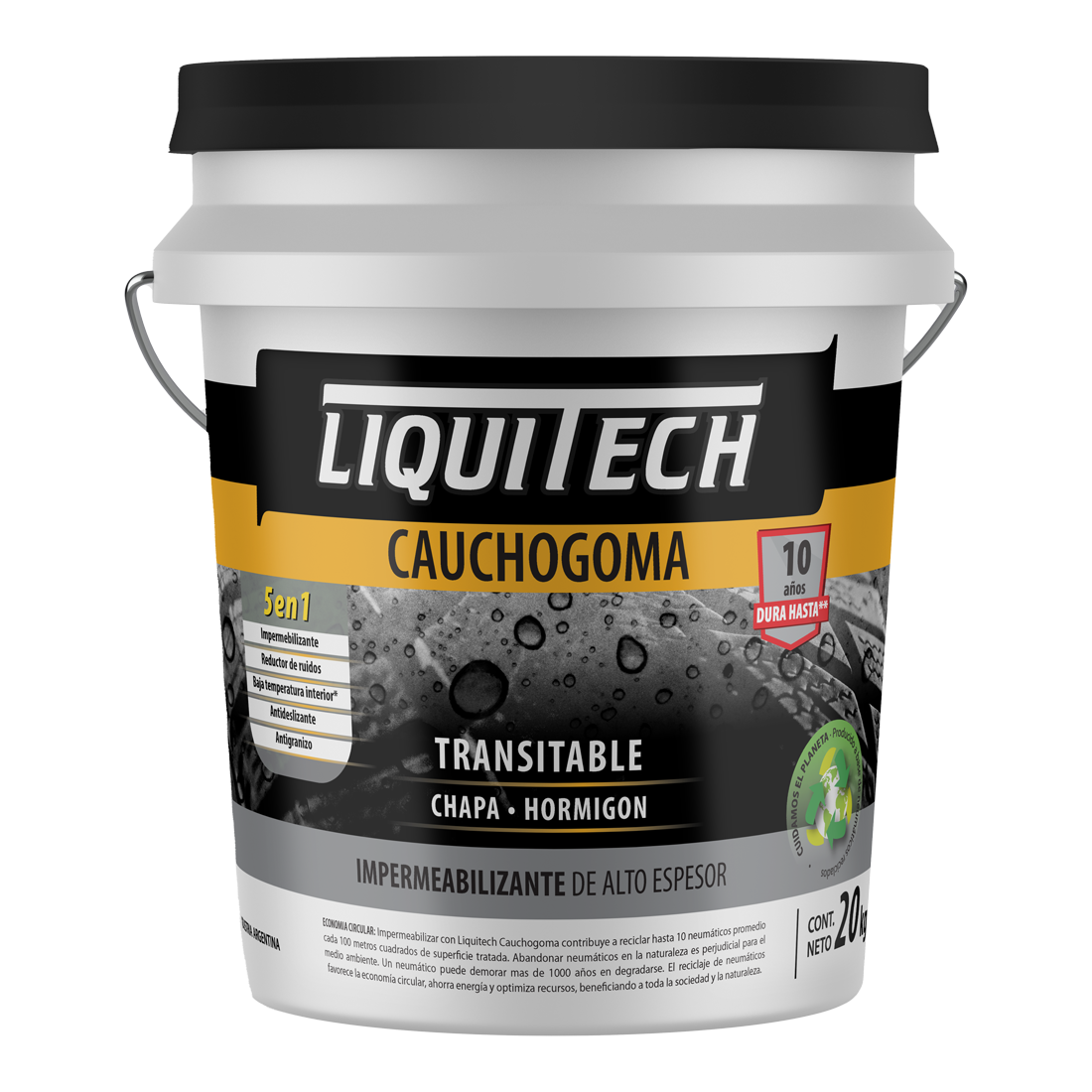 Balde de compuesto impermeabilizante Liquitech Cauchogoma para techos, con texto y una imagen de gota de lluvia.