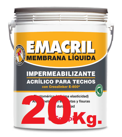 Lata de pintura blanca y amarilla rotulada “EMACRIL MEMBRANA LÍQUIDA” para impermeabilización de techos.
