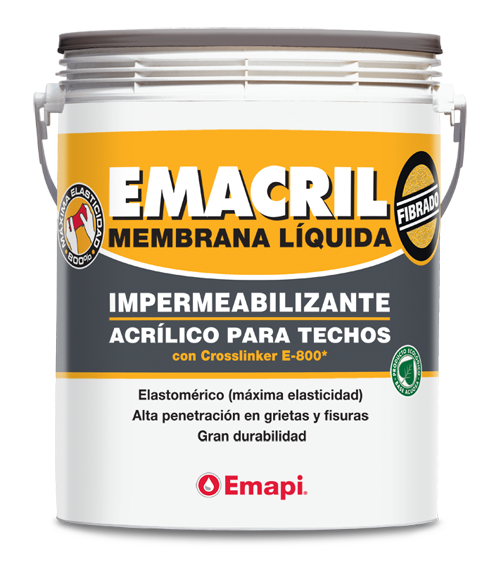 Cubo de membrana líquida Emacril para cubiertas, con texto en español.