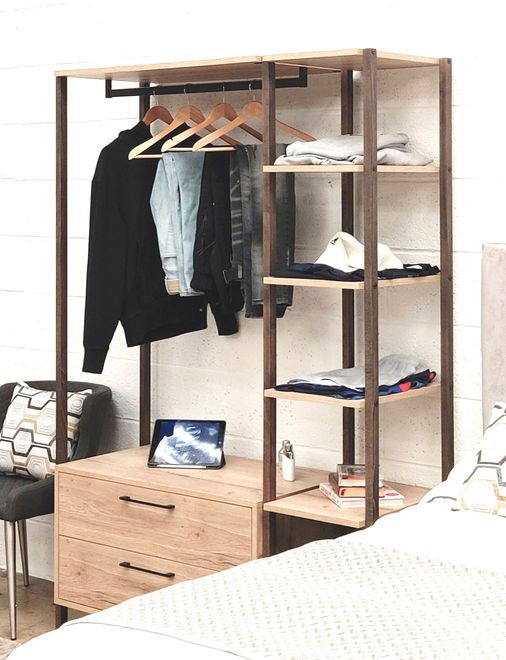 135 cm wide open wardrobe with hanging space 2 drawers and shelves in Egger Natural Halifax Oak