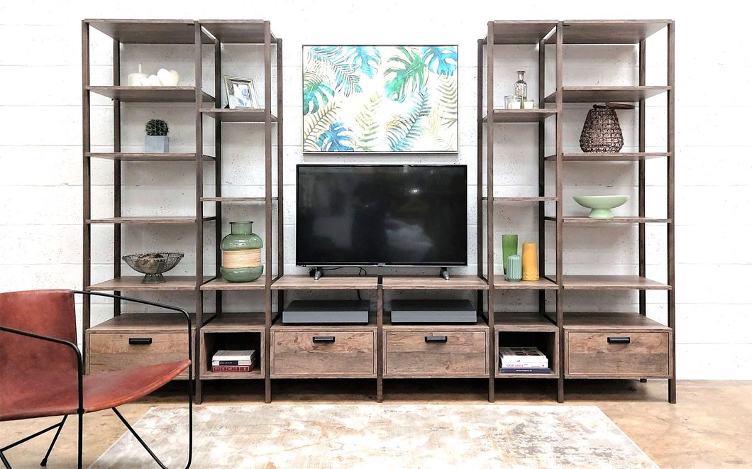 Modular open living room media wall shelving with drawers in Egger vintage santa fe oak