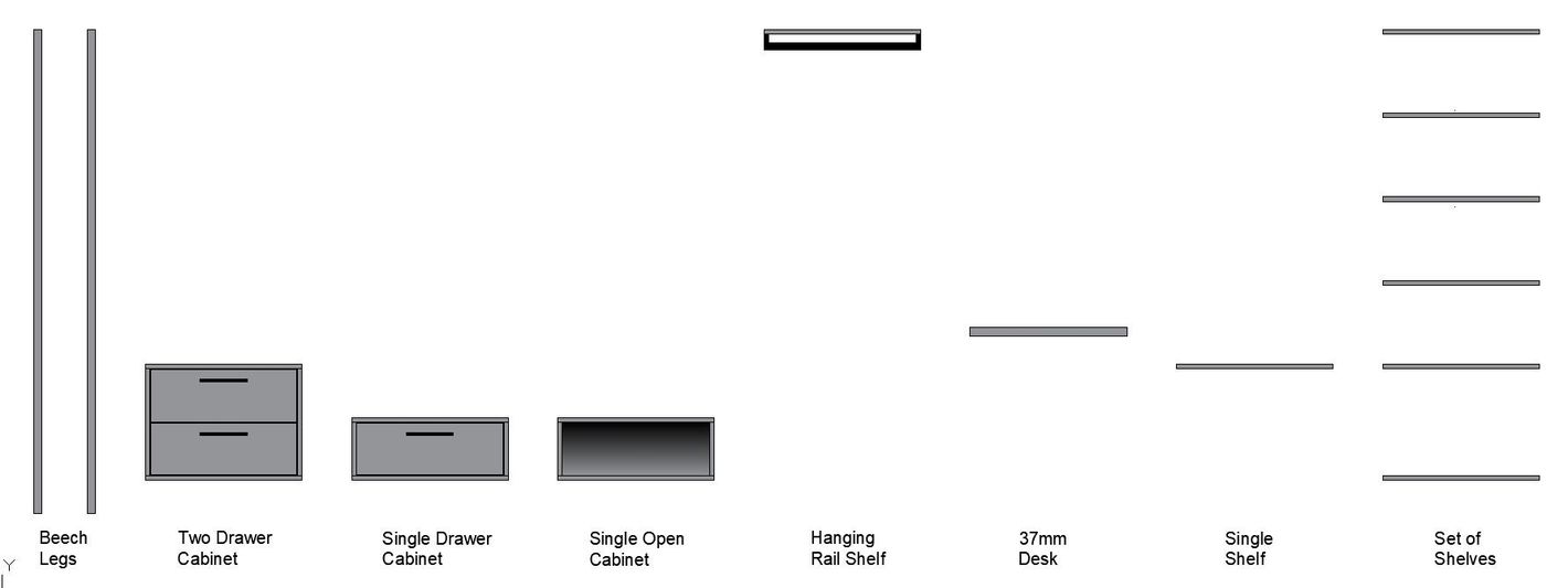 Open Modular Wardrobe components shown as drawings.