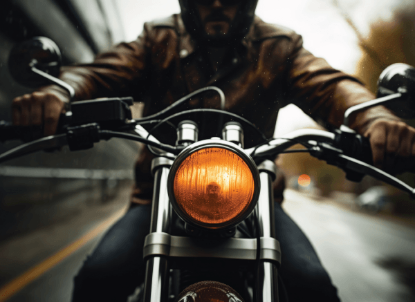 A man is riding a motorcycle down a road in the woods.