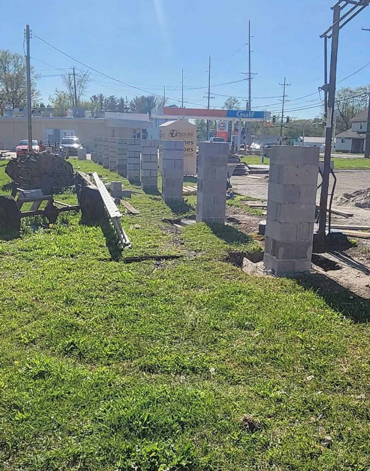 Construction site with concrete pillars and blocks