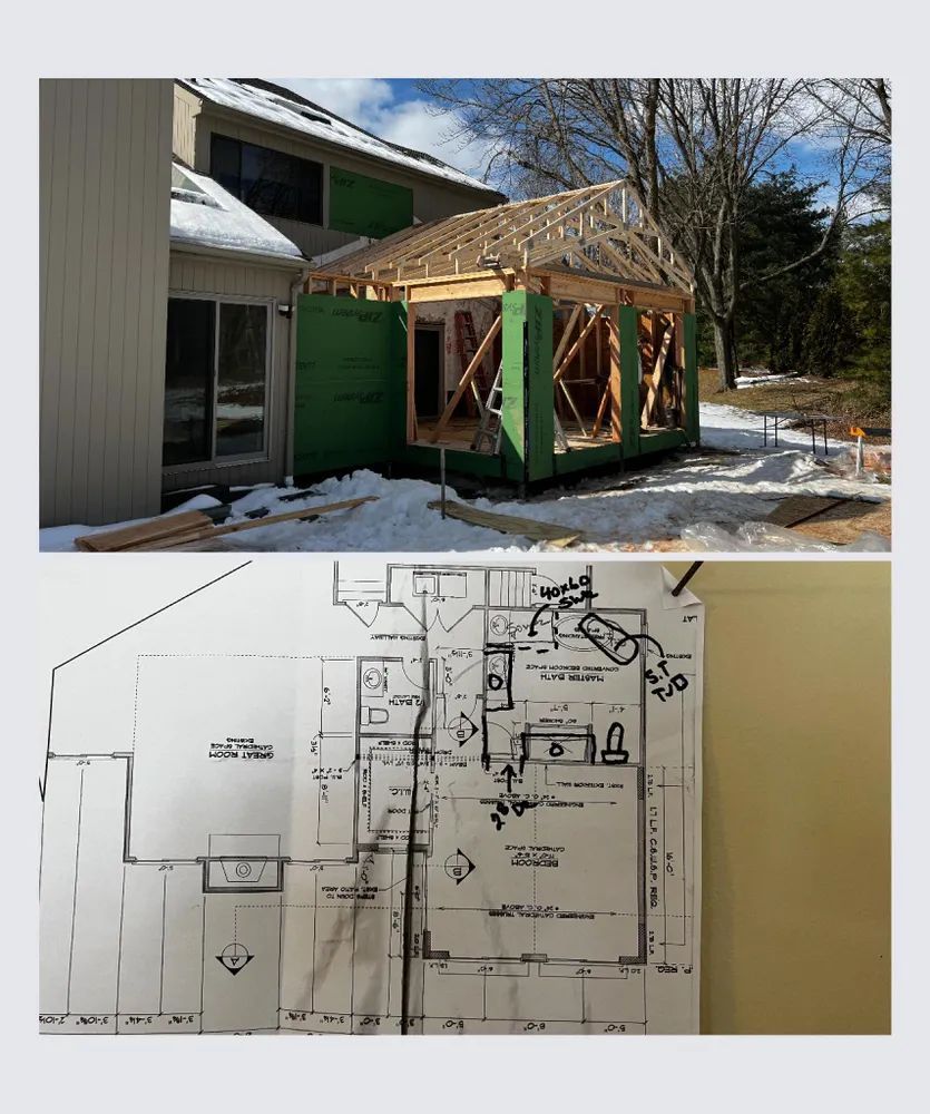 A picture of a house under construction next to a floor plan