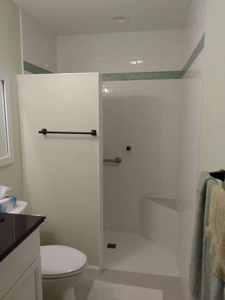 A bathroom with a toilet , sink , and walk in shower.