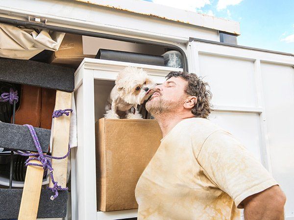 man in front of open moving van kissing dog