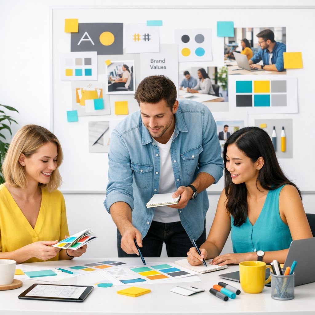 Moderní kreativní tým pracující na strategii značky v jasném, minimalistickém kancelářském prostředí