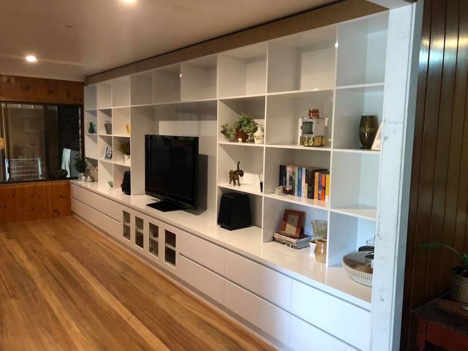 White Shelves And White Cabinets With TV — Kitchen Cabinets in Brunswick Heads, NSW