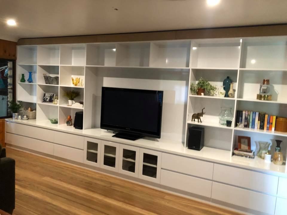White Shelves And Cabinet With TV — Kitchen Builders in Goonellabah, NSW