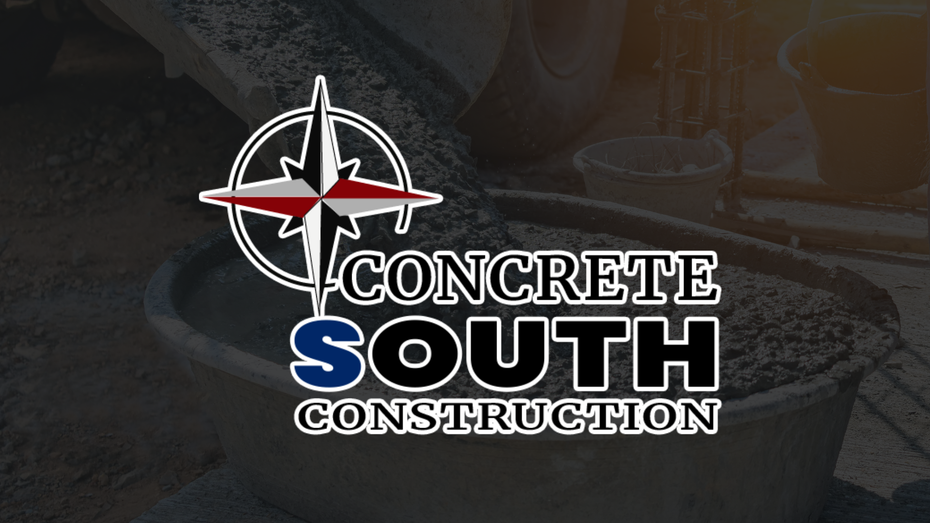 A logo for concrete south construction with a compass on it
