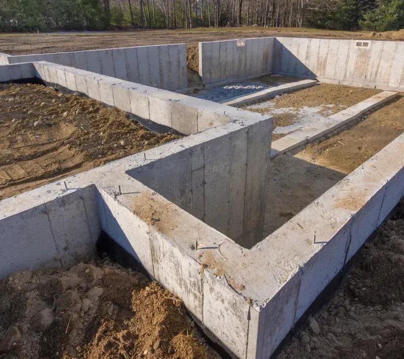 A concrete foundation for a house is being built in a field.