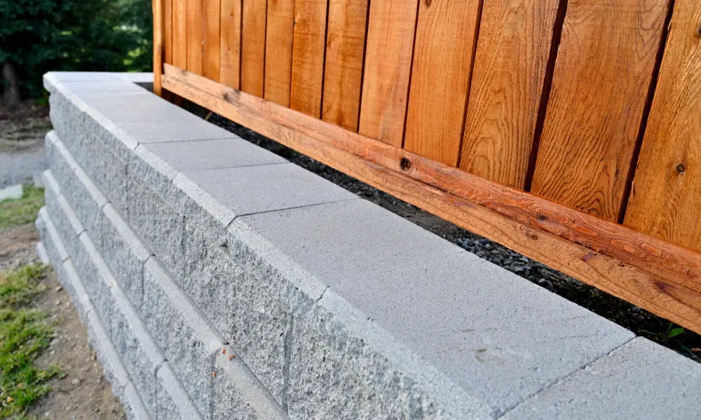 A brick wall with a wooden fence behind it.