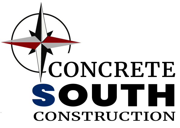 A logo for concrete south construction with a compass in the middle.