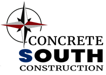 A logo for concrete south construction with a compass in the middle.