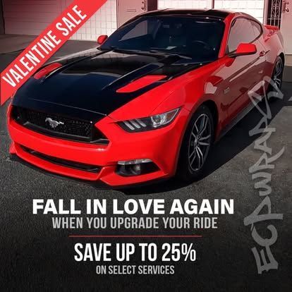 Red and black Mustang car with Valentine sale promotion: Save up to 25% on select services.