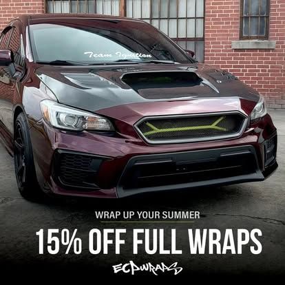 Burgundy Subaru with carbon fiber hood, yellow grill accents, advertising 15% off full wraps.