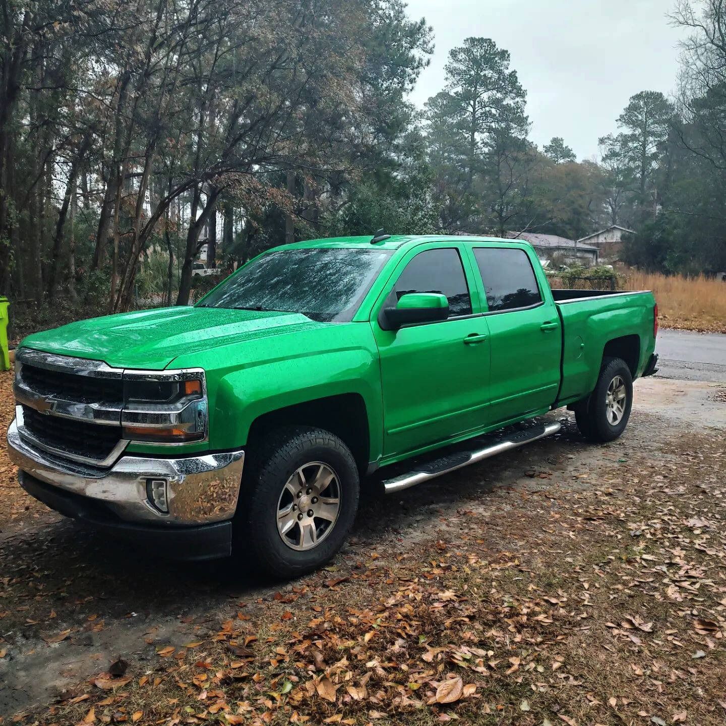 Bright green Chevrolet pickup truck parked outdoors on a damp, brown-leafed surface.