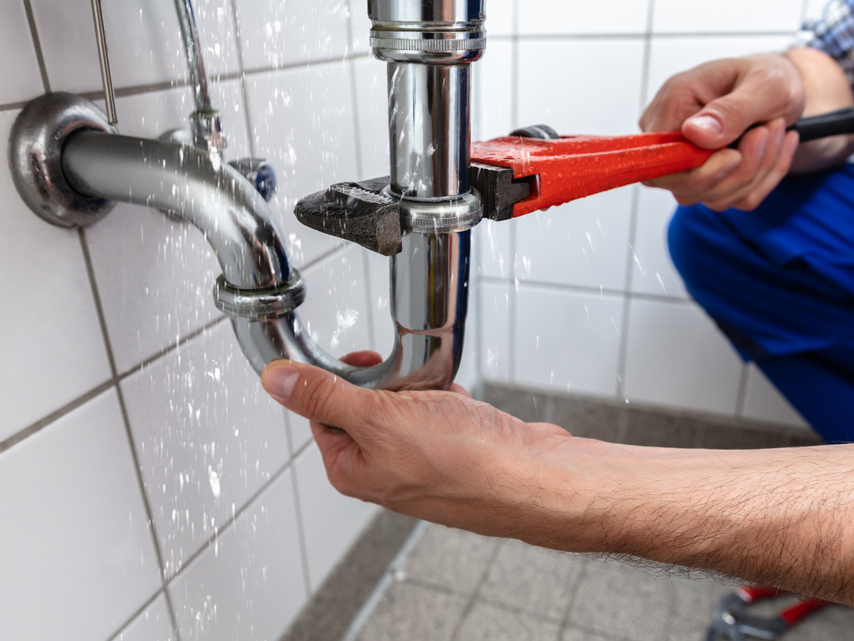 Plumber repairing a leaky sink drain pipe with a wrench, water spraying in a bathroom.
