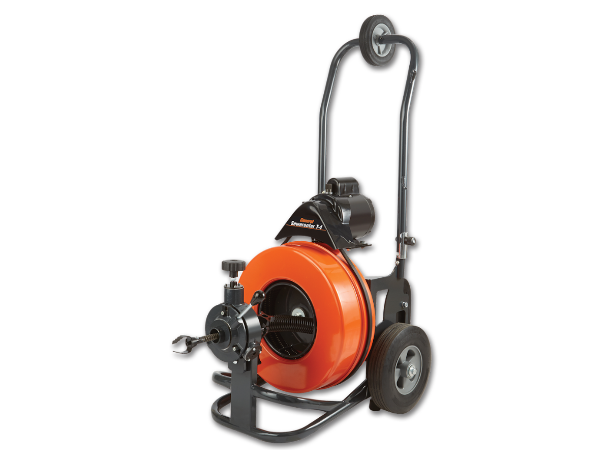 Orange electric drain cleaner with wheels and handle.