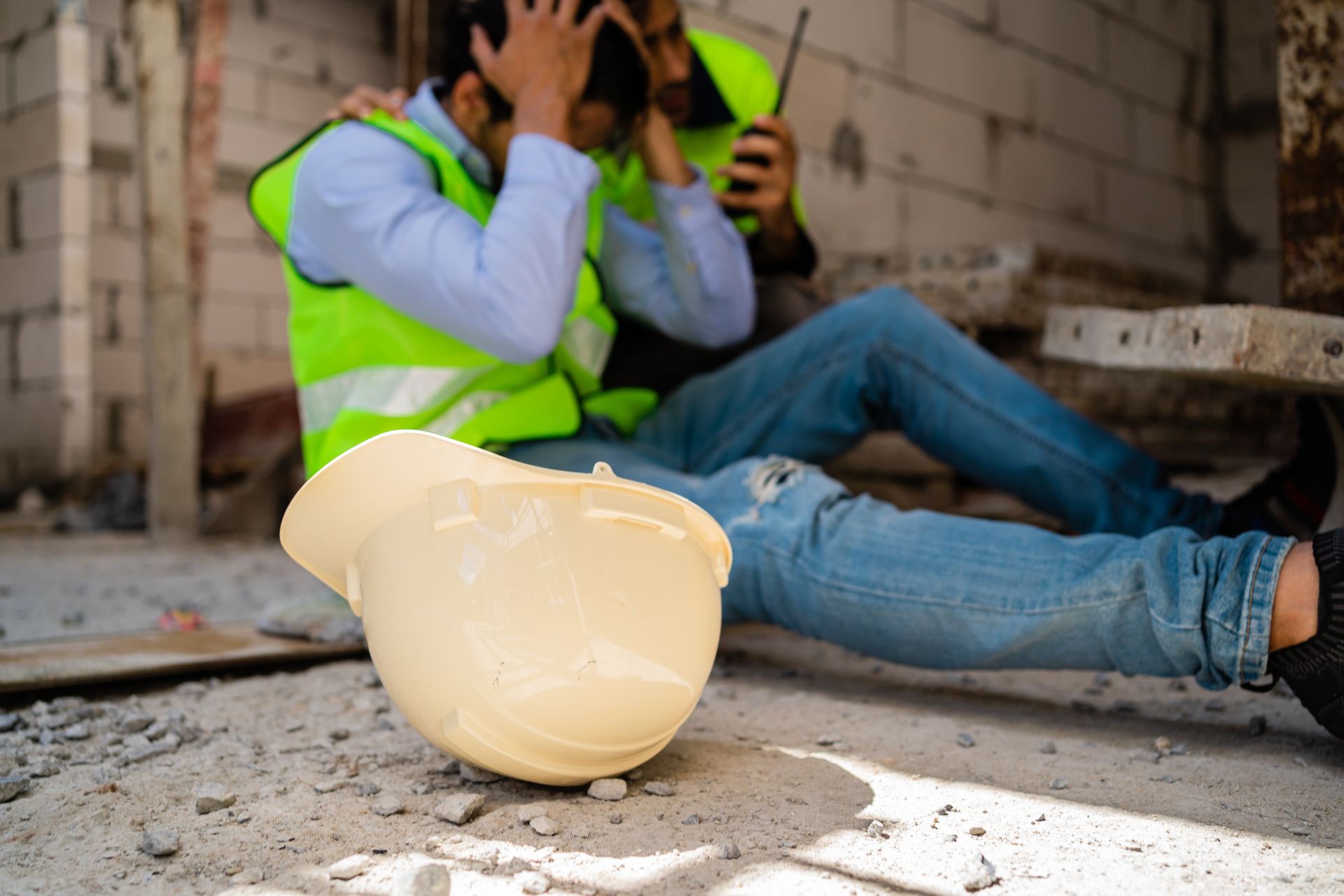 Construction worker injured, clutching head, another man comforting him; a hard hat on the ground.