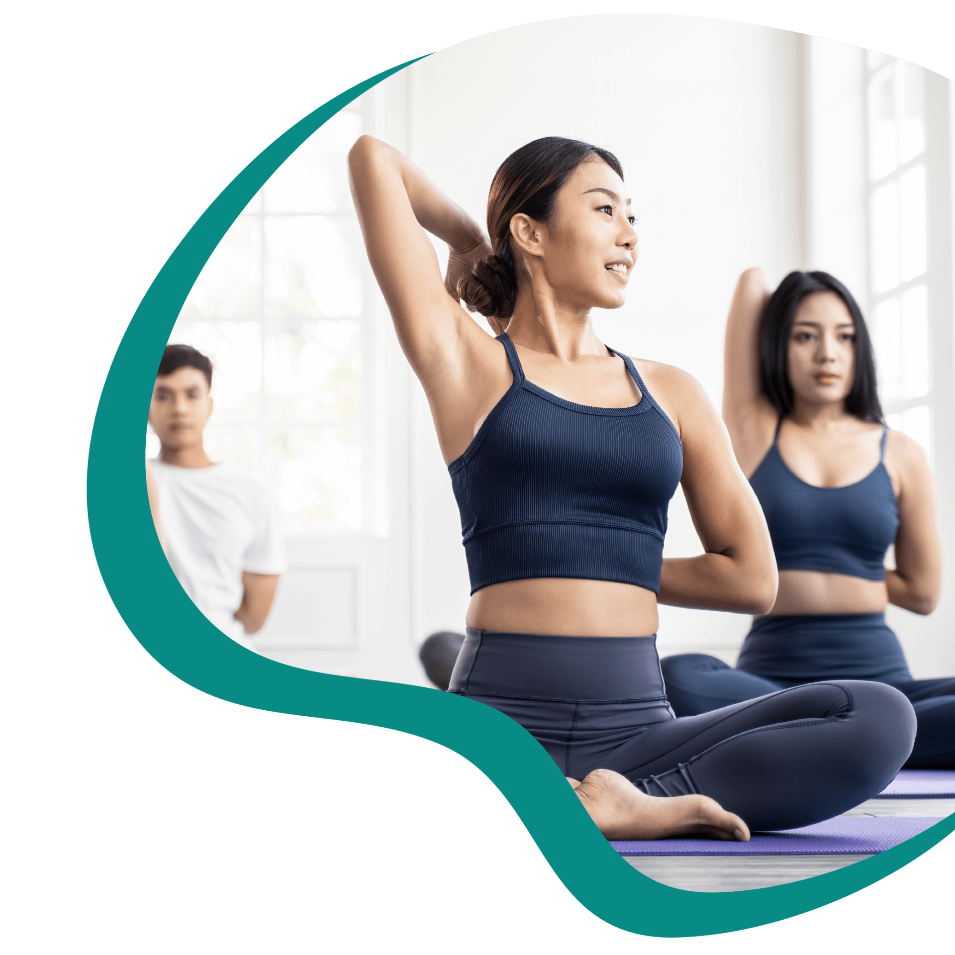 Young Asian group sporty attractive people learning yoga lesson with coach trainer. Instructor woman leading exercise pose, healthy lifestyle in fitness studio. Sport gymnastics, ballet dancing class.