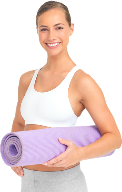 a woman in a white tank top is holding a purple yoga mat