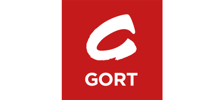 Ein rotes Logo mit einem weißen G und dem Wort „Gort“ darauf.