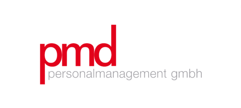 Das logo der pmd personal management gmbh ist rot und weiß.