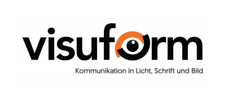 A black and orange logo for visuform kommunikation in licht schrift und bild