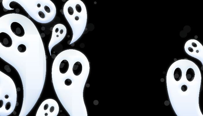 White cartoon ghosts with black eyes and mouths float against a black background.