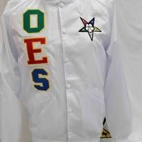 White shirt with vertical “OES” letters and a colorful star logo on the chest