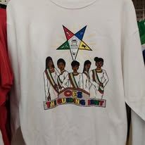 White T-shirt with a colorful graphic of five figures and the text “DOE THING.”