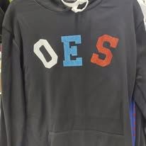 Black hoodie with “DES” in white, blue, and orange letters on the chest