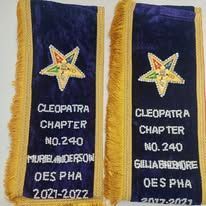 Two navy and gold Cleopatra Chapter 240 embroidered sashes with star emblems and dates 2021–2022