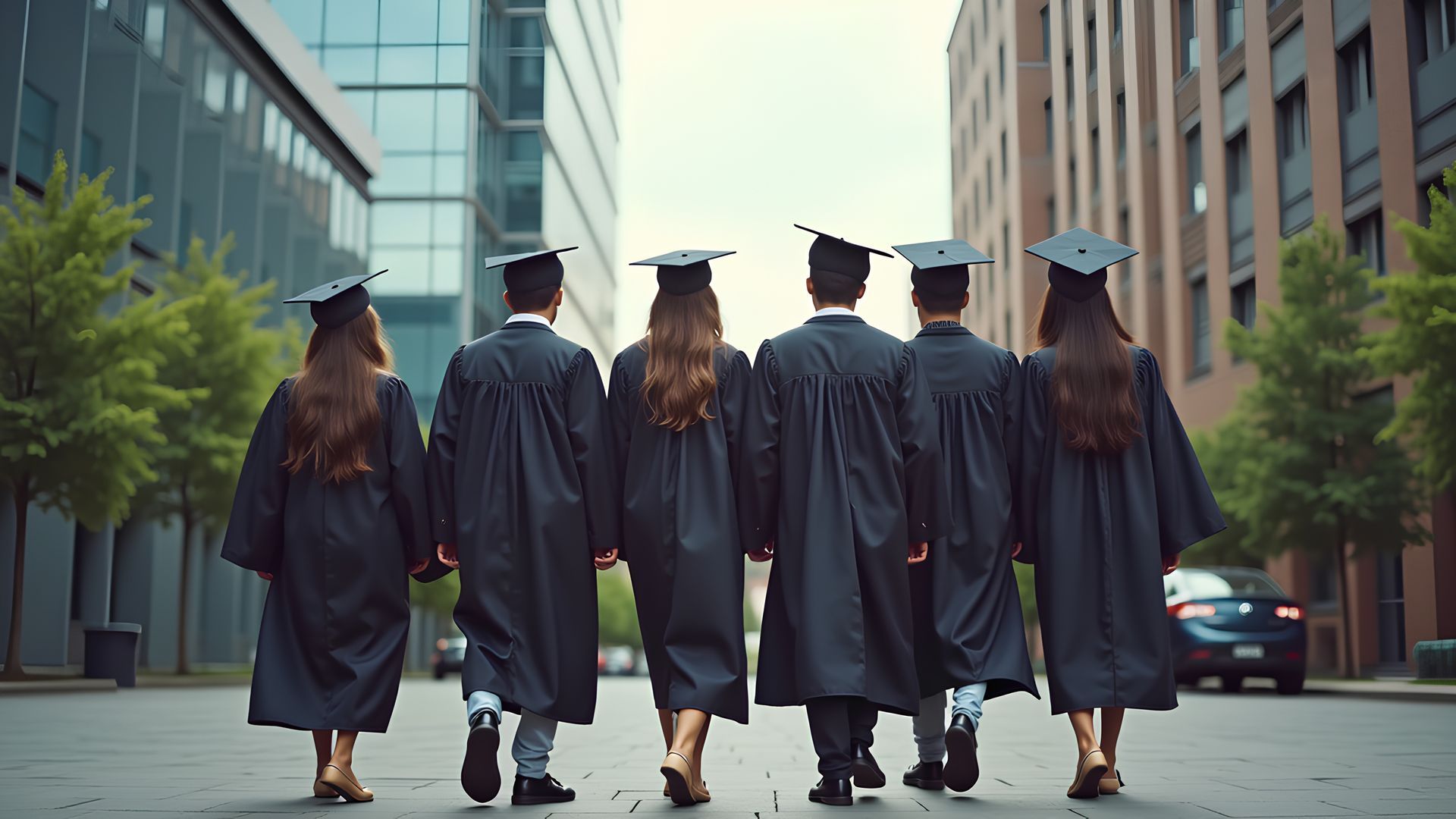 Five graduates in caps and gowns walking away down a city street between modern buildings