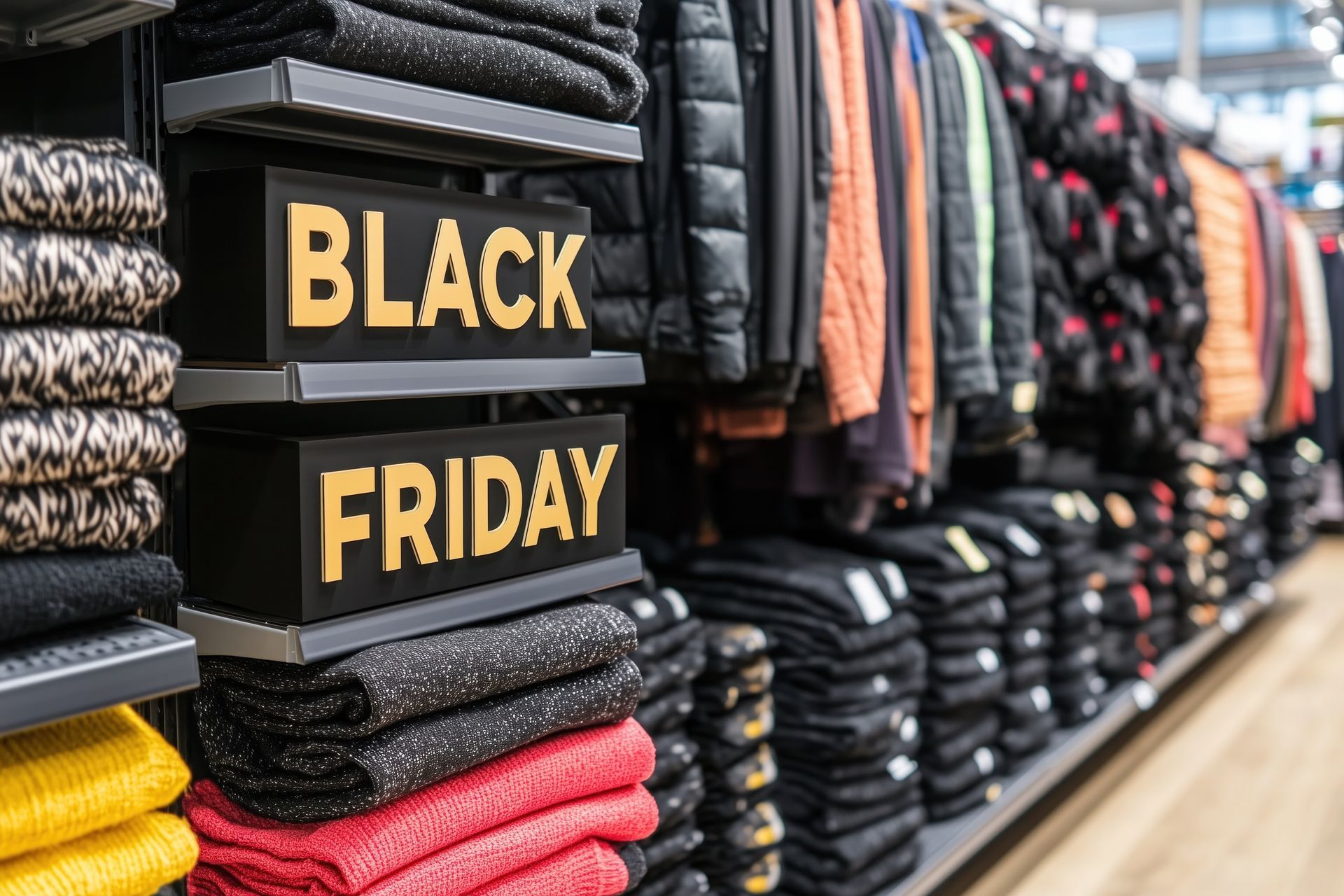 Black Friday sale display in a clothing store with folded sweaters and stacked black signs.