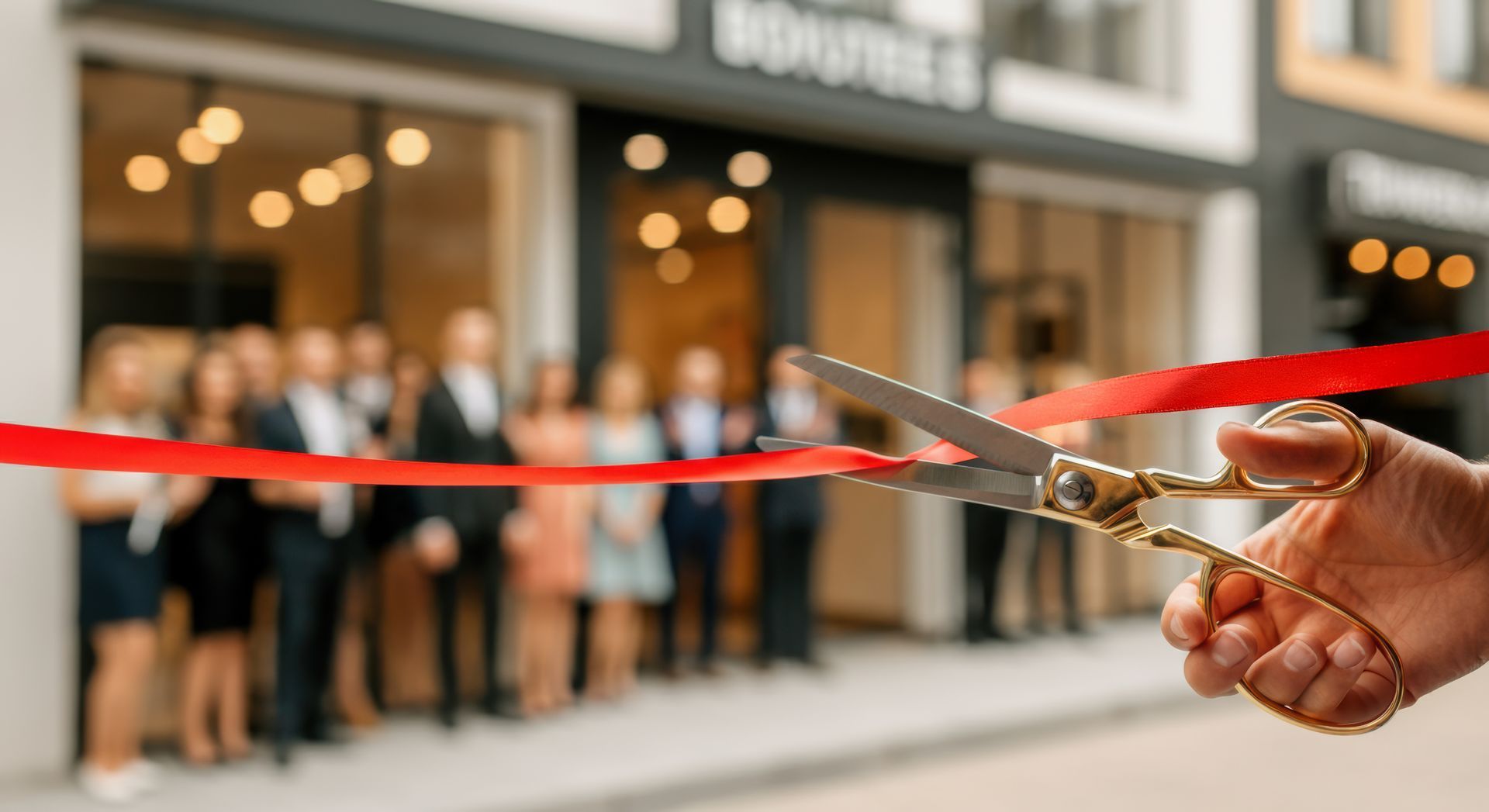 Hands cutting a red ribbon outside a storefront during a ribbon-cutting ceremony
