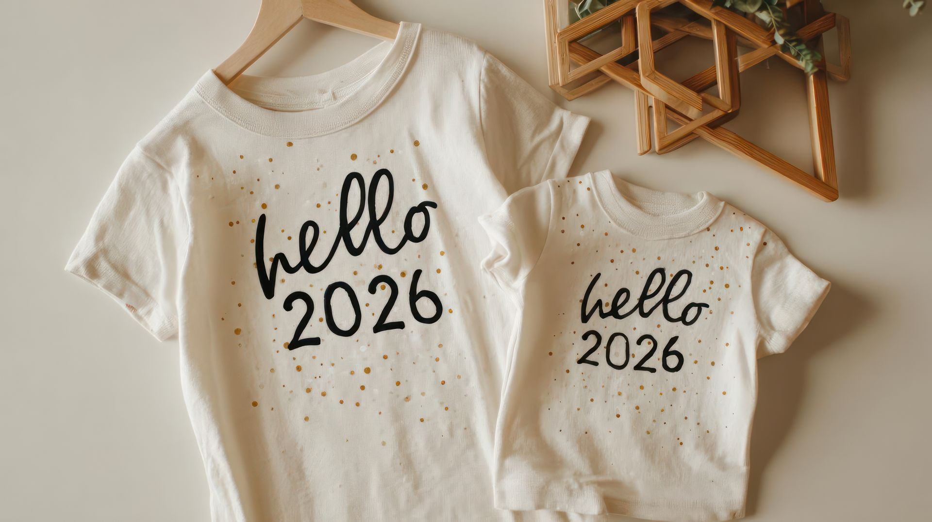 Cream baby and adult onesies on hangers, both printed “hello 2026” in black script.