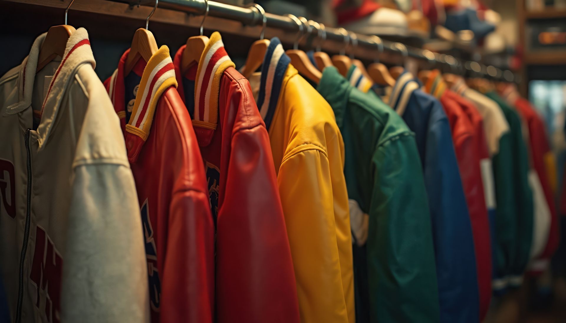 Colorful jackets hanging on a clothing rack in a store, including red, yellow, green, and blue coats