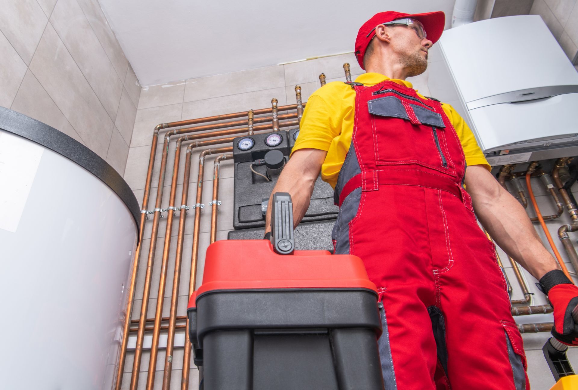 A plumber is holding a toolbox in a room with pipes.