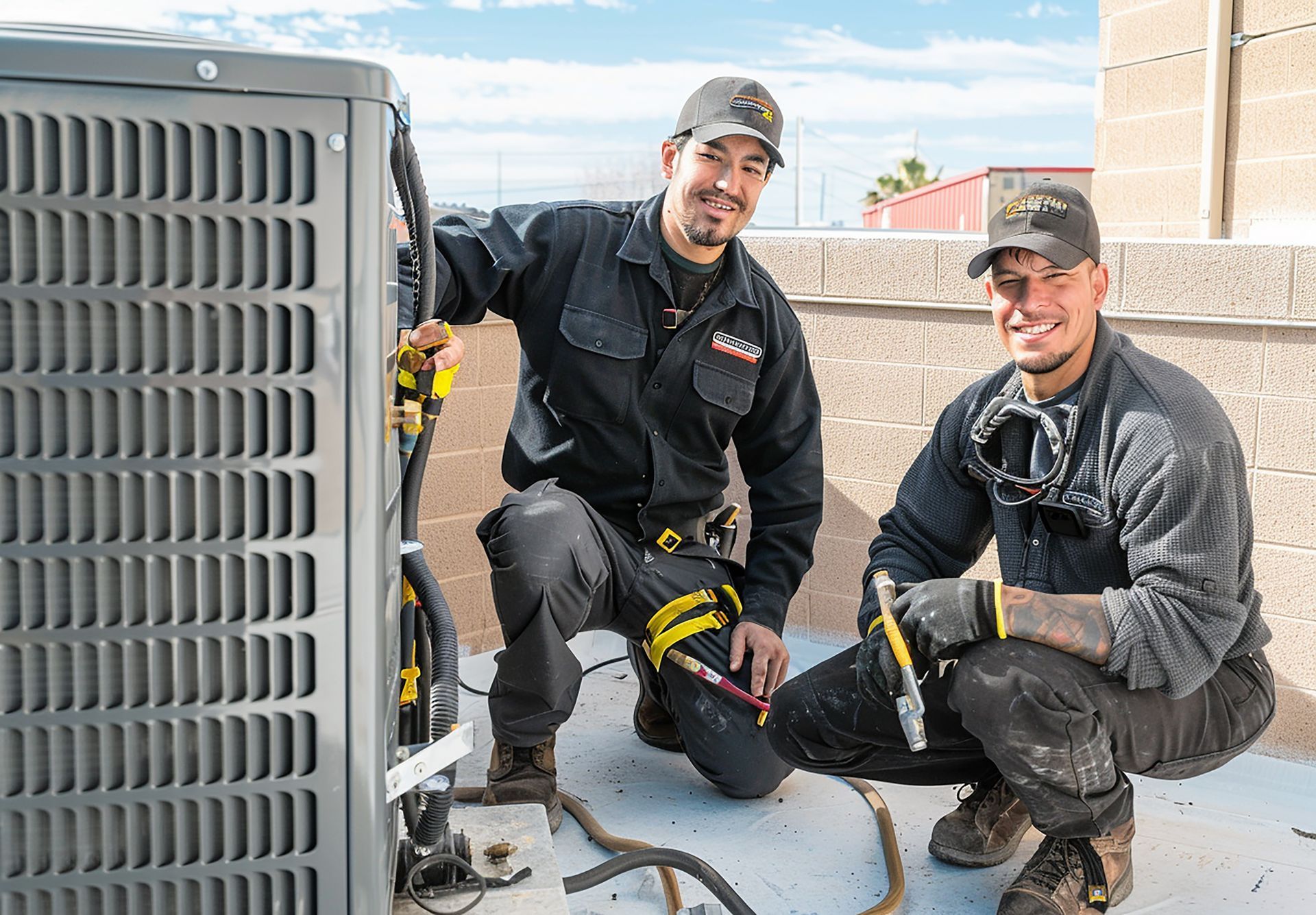 Two men are working on an air conditioner on a roof.