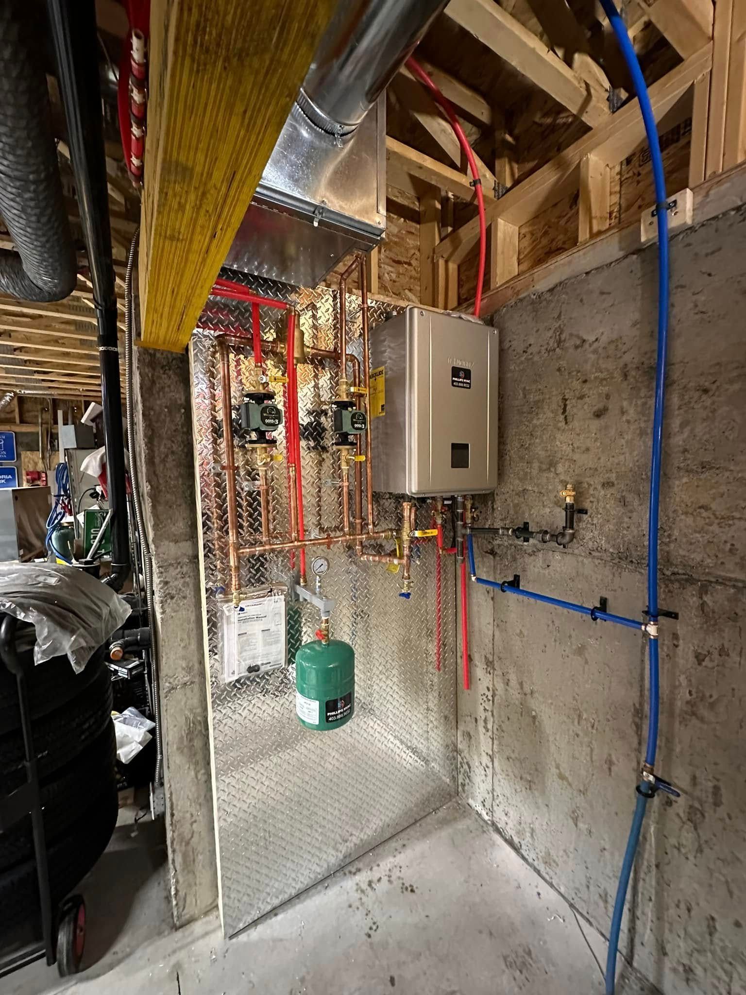 Plumbing system installation with copper pipes, a tankless water heater, and a concrete wall.