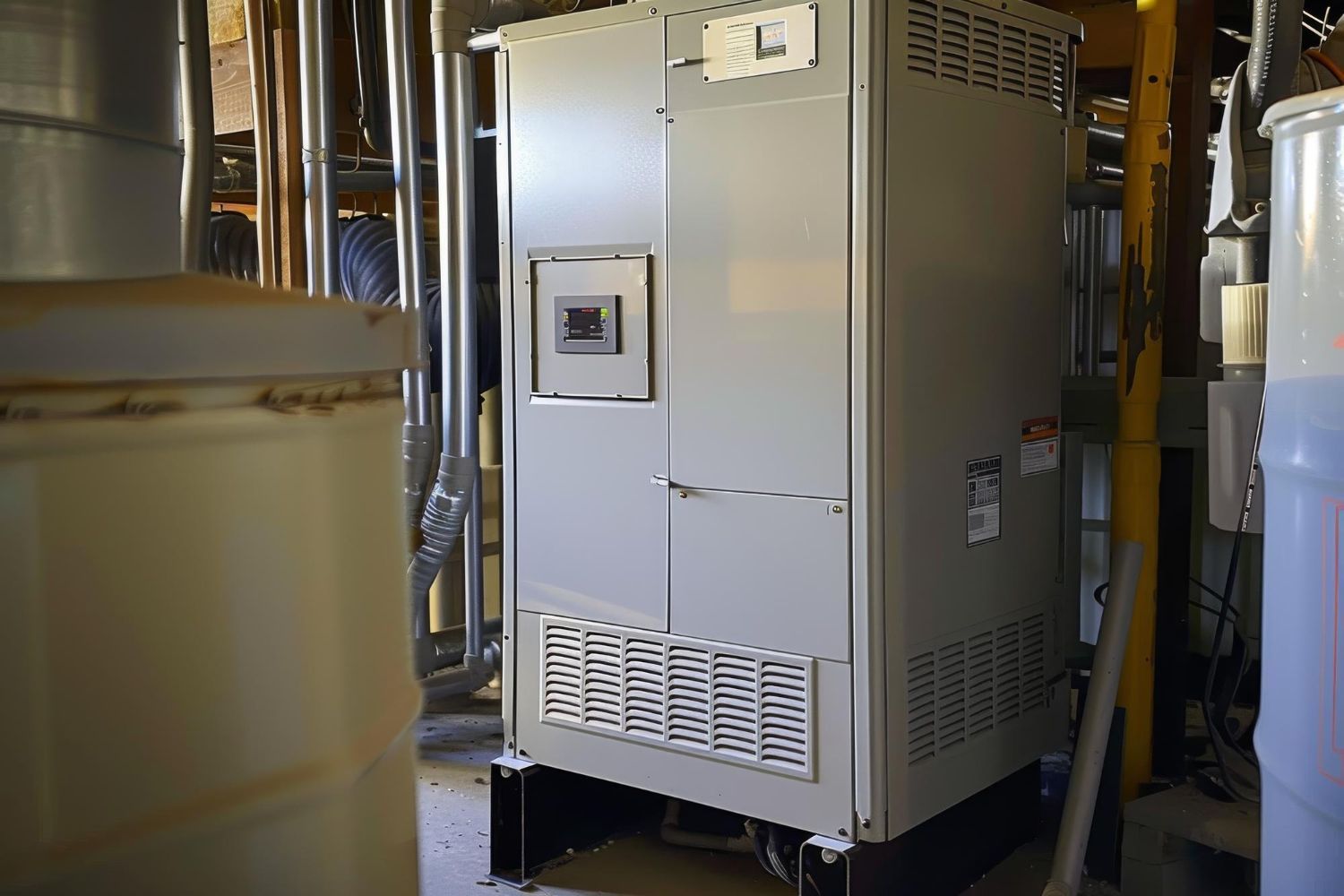 Large gray electrical cabinet in a utility room. Pipes, a barrel, and a yellow beam are nearby.